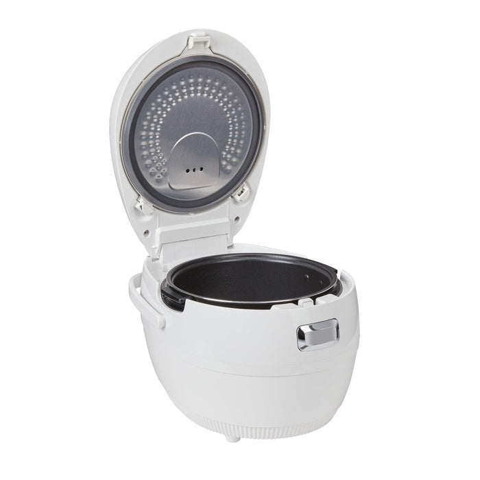 White Cuckoo electric rice cooker shown with its hinged lid fully opened, revealing the dark inner cooking pot. (CR-1020F)