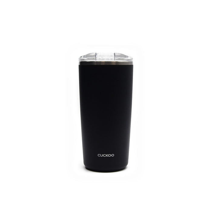 Matte black CUCKOO 16.9 fl. oz. insulated tumbler featuring a clear lid and minimal design, centered on a white background. (CVB-D50SB)