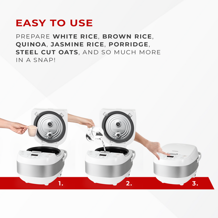 Infographic showing the three-step process for using the rice cooker: adding grains, pouring water, and selecting settings. (CR-0605F)