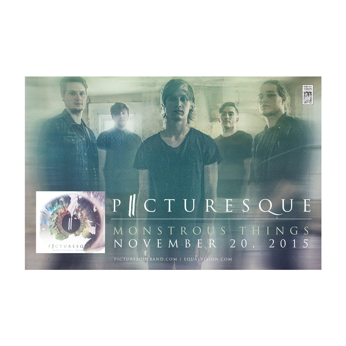 Five men stand together in a misty, blue-green scene. Text: Picturesque β Monstrous Things β November 20, 2015. An eye-catching album poster and brand name "Picturesque" appear at the bottom as bold music wall art.