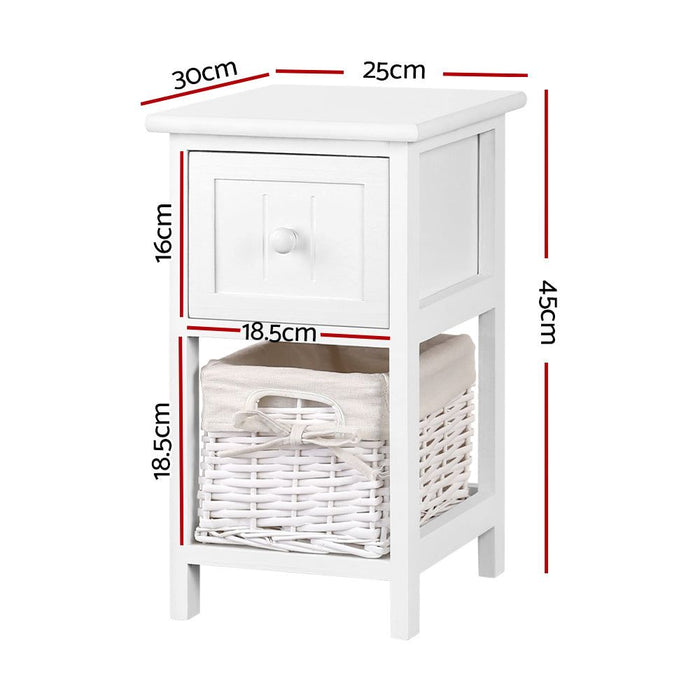 Artiss Bedside Table 1 Drawer with Basket Rustic White X2 -Home Living Store - -