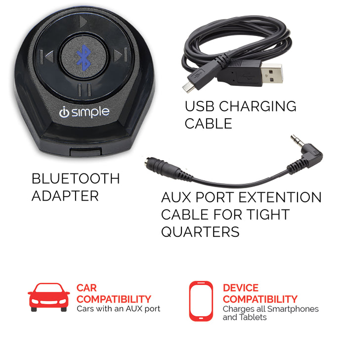 Bluetooth adapter with USB charging cable and auxiliary extension cable showing car and device compatibility icons