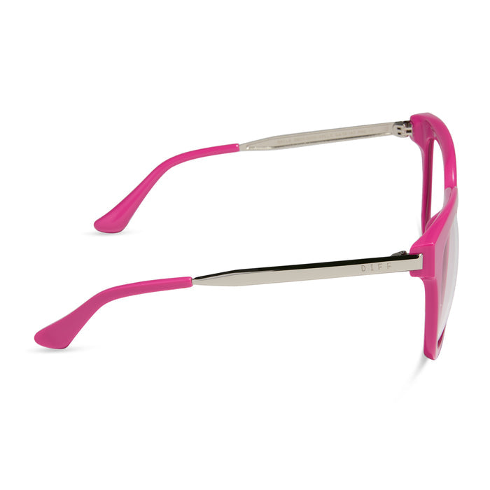 diff eyewear featuring the bella square blue light glasses with a bright pink frame side view