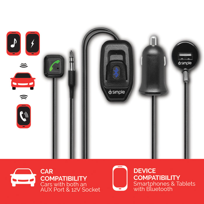 Bluetooth car adapter with AUX and USB power plug showing compatibility icons for music calls and charging