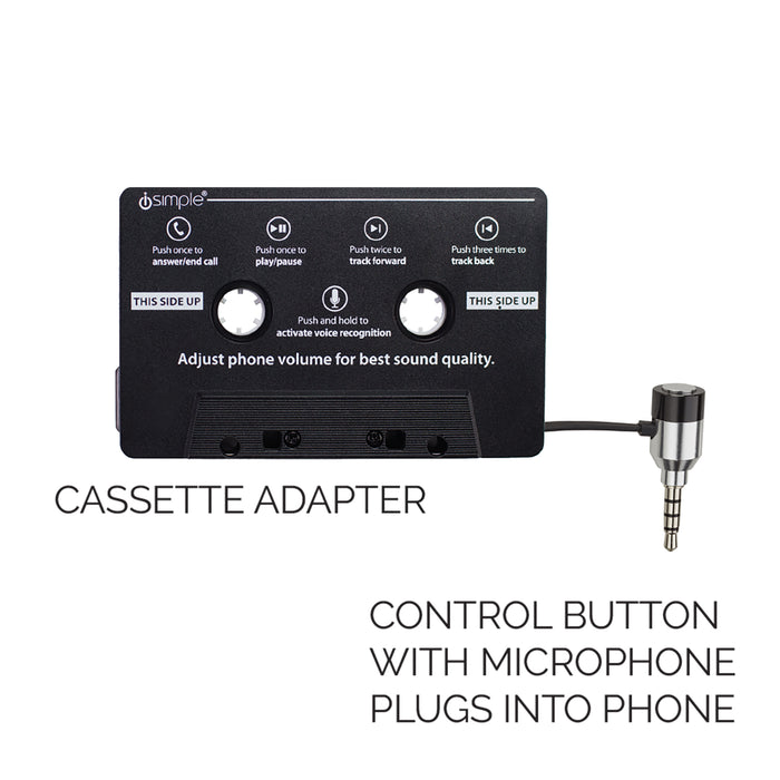 Black cassette tape adapter with control button and 3.5mm plug for phone connectivity