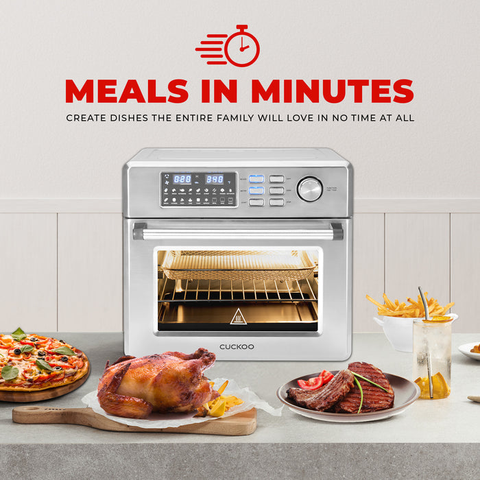 The Cuckoo convection air fryer oven, shown on a countertop with various cooked dishes, enables fast family-style cooking. (CAFO-A2601S)