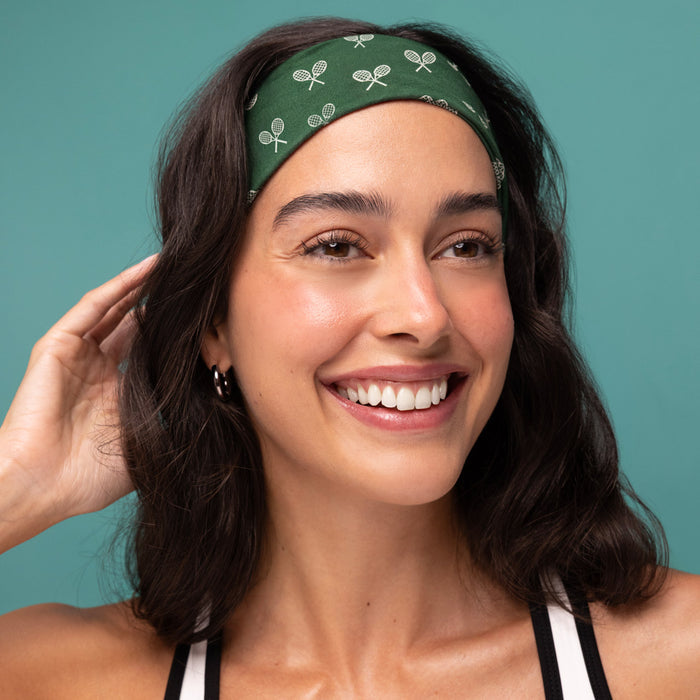 KITSCH Recycled Fabric Active Headbands 3pc Set — model styling hair with the active headband — soft stretch fit for most hair types and textures — polished, all-day comfort