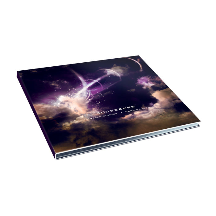 A CD album by Codeseven with a dark, cosmic-themed cover featuring swirling purple clouds, light effects, and the title "Dancing Echoes Dead Sounds" reissue track list. The album is shown lying flat.