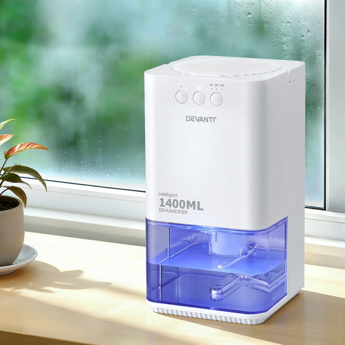 Devanti 1400ML Portable Dehumidifier Quiet Sleep Mode Timer Auto Off Bedroom White - Devanti