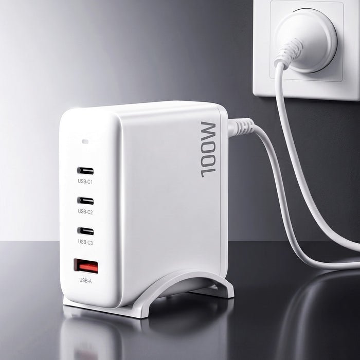 Devanti USB C Charger 100W Fast Charger 4 Port GaN Desktop Station White
