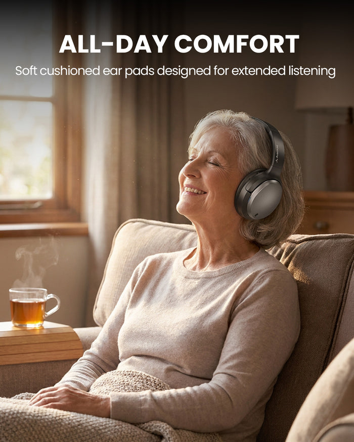 Eon Aura T Wireless Auracast TV Headphones, with soft cushioned ear pads for extended listening sessions.