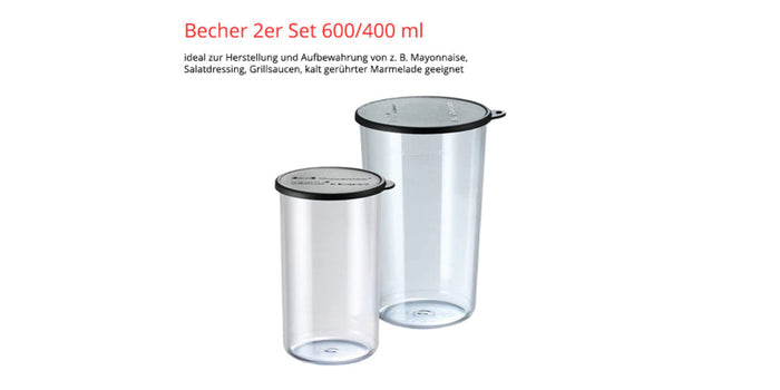 Das Bild zeigt ein Becher-Set der ESGE-Zauberstab-Serie mit einem 600-ml- und einem 400-ml-Becher, inklusive Deckel. Es ist ideal zur Herstellung von Salatdressings, Grillsaucen, kalt gerΓΌhrter Mayonnaise und Cremelade, passend zu moderner KΓΌchentechnik wie den UNOLD-GerΓ€ten (z. B. Toaster, Softeismaschine).