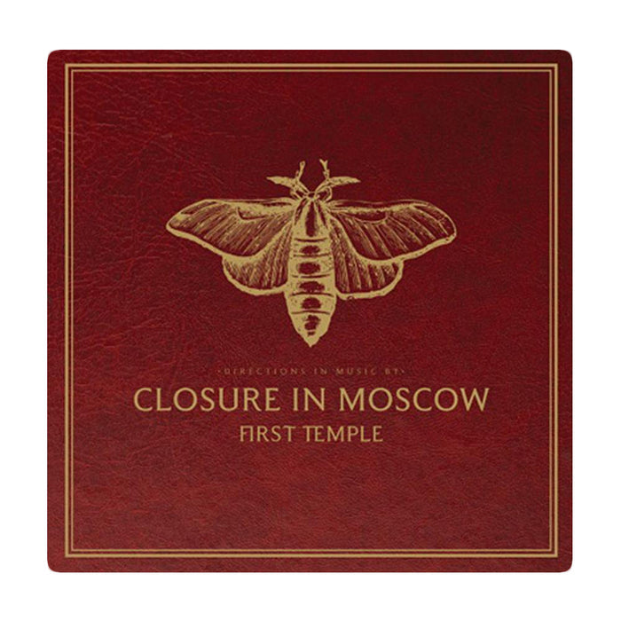 A red album cover features a gold moth illustration above โDirections in Music by: Closure In Moscow First Temple.โ Centered artwork and text stand out on the textured background of this Closure In Moscow release.