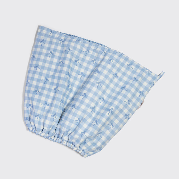 Kitsch Satin-Lined Flexi Shower Cap in Gingham Blue showing the satin lining and adjustable flexible back wire closure