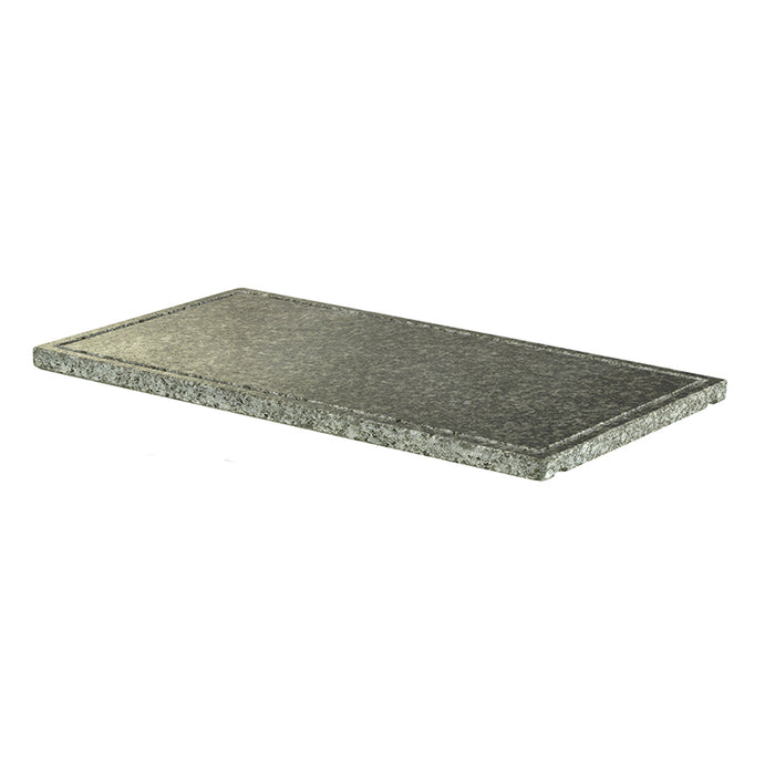 Die Unold Grillplatte Naturstein für RACLETTE 48765 ist eine rechteckige, flache, graue Natursteinplatte mit leicht rauer Struktur und abgeschrägten Kanten, isoliert auf weißem Untergrund dargestellt.