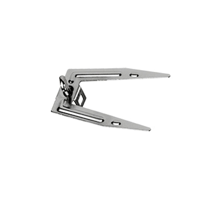 Die Unold Hähnchengabel für KLEINKÜCHE 68865 (einzeln) ist ein metallenes, federbelastetes Utensil mit zwei spitzen Armen, offen dargestellt vor weißem Hintergrund.
