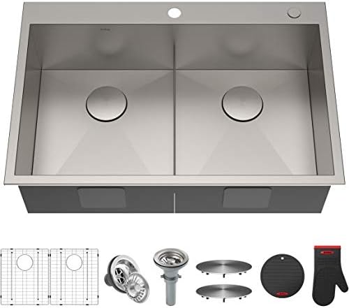 KRAUS 33x22 inch Pax DropIn Top Mount 16 Gauge ZeroRadius Double Bowl 2Hole Kitchen Sink Set KP1TD33S2