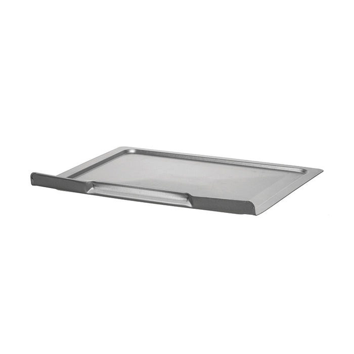 Die Unold Krümelschublade für OFEN Electronic 68846 ist eine rechteckige Krümelschublade aus Metall mit einem einseitig erhöhten Rand, abgebildet auf weißem Hintergrund.