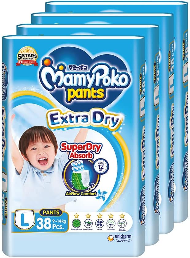MamyPoko Extra Dry Pants Baby Diapers L 9to14kg 38 Pcs X 4 Packs Carton
