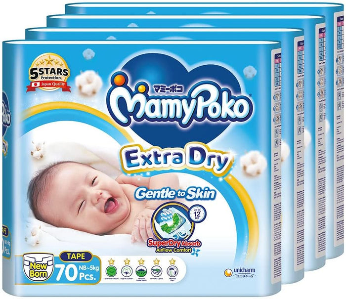 MamyPoko Extra Dry Tape Baby Diapers Newborn NB 5kg 70 Pcs X 4 Packs Carton
