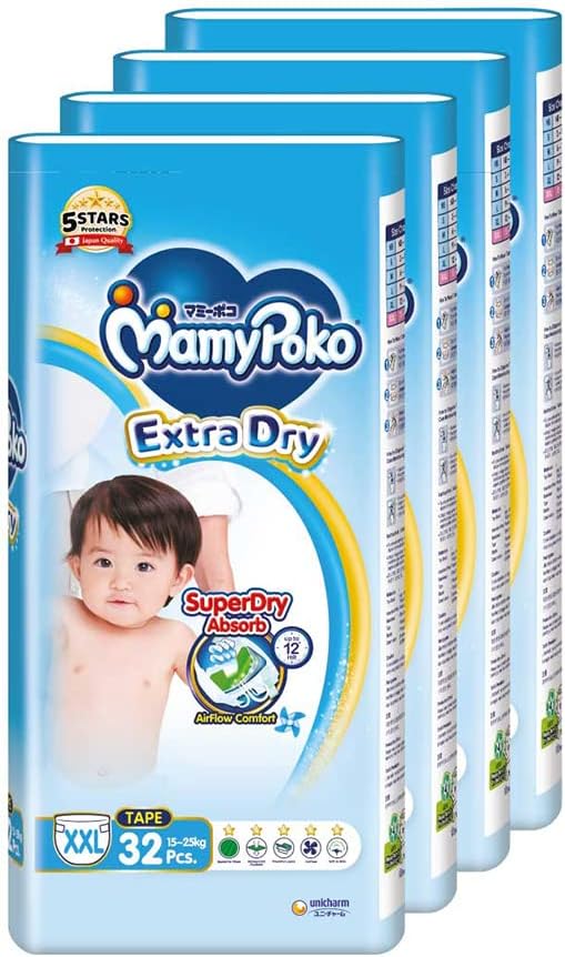 MamyPoko Extra Dry Tape Baby Diapers XXL 15to25kg 32 Pcs X 4 Packs Carton