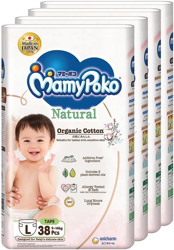 MamyPoko Natural Tape Baby Diapers L 9to14kg 38 Pcs X 4 Packs Carton