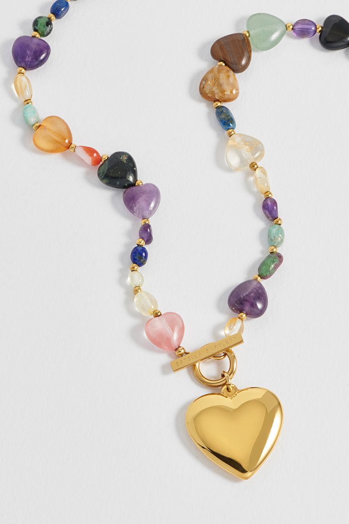 Multi-Gemstone Heart and Pebble T-Bar Necklace
