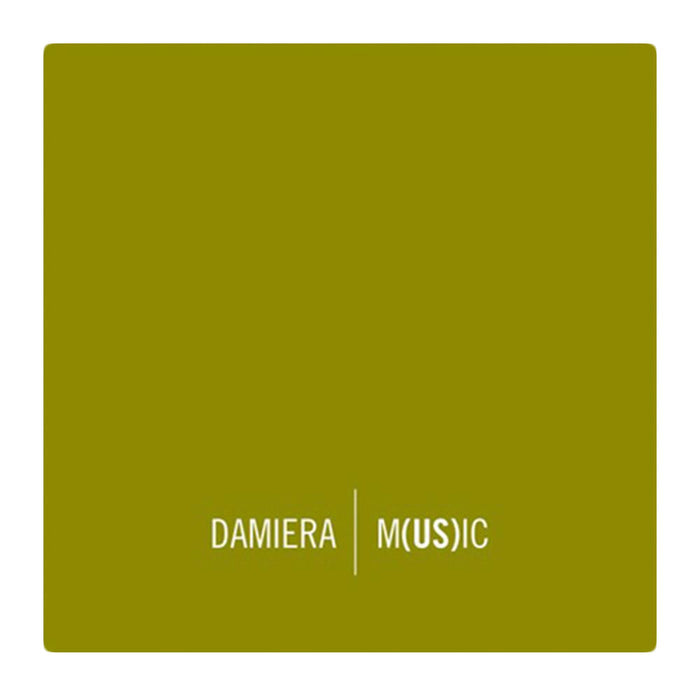 A square album cover with an olive green background. White text at the bottom reads DAMIERA | M(US)IC (with US in parentheses) in a modern fontβideal for fans of unique album design and transcendental music.