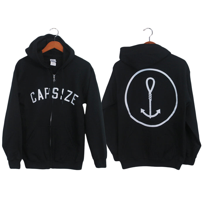 Capsize black zip-up hoodie featuring βCAPSIZEβ in white on the front and a bold noose anchor-in-circle design on the back, shown on hangers with both sides displayed.
