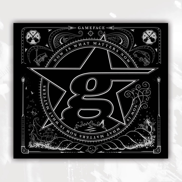 Gameface album cover in black and white features a large stylized “g” inside a star, surrounded by intricate designs, icons, and “NOW IS WHAT MATTERS NOW.” The tracklist highlights “Lifetime Achievement Award.