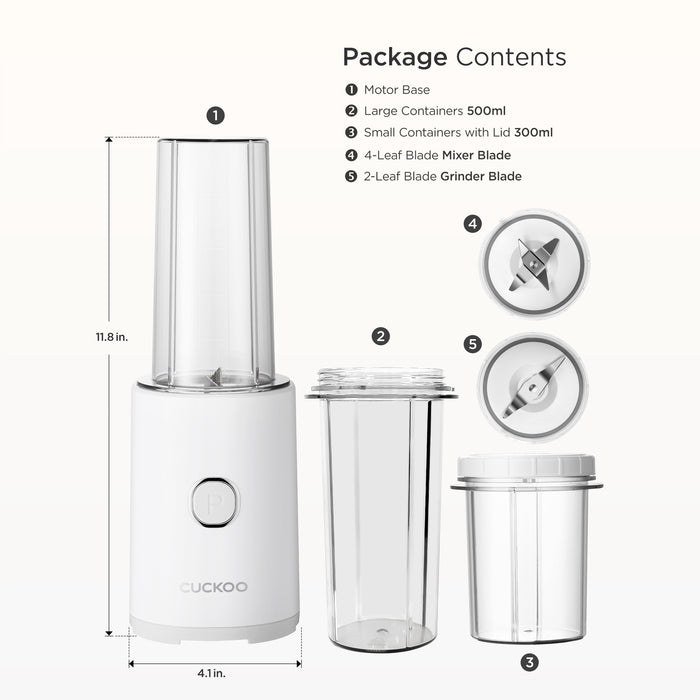 Package includes: motor base, 500ml container, 300ml container with lid, 4-leaf mixer blade, and 2-leaf grinder blade. (CFM-D60W)