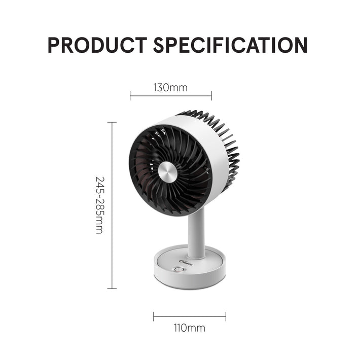 PowerPac 5" Table Fan – USB, Rechargeable, Portable Wireless, Adjustable Tilt, LED lights, Sturdy, 3-Speed, white, PPUF230