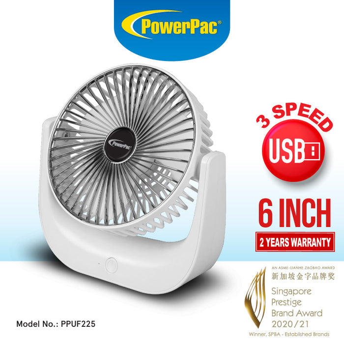 PowerPac 6" Table Fan – USB, Rechargeable, Portable Wireless, Strong Airflow, 120° Adjustable Tilt, 3-Speed, white, PPUF225