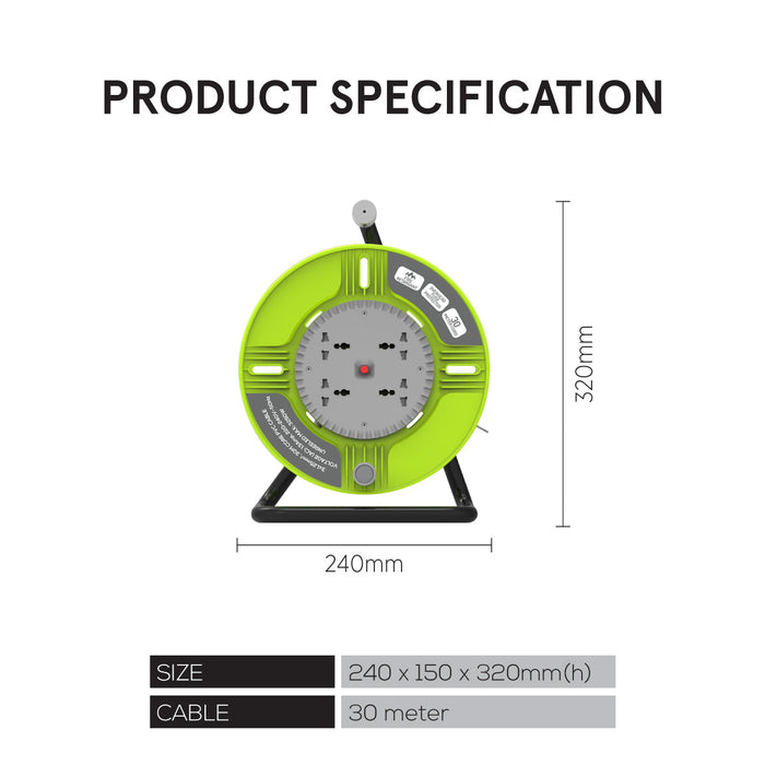 PowerPac Cable Reel 30M Portable Cable Reel, Extension Socket, Power Reel, Power Cord (PP830)