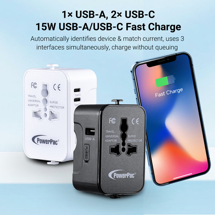 PowerPac Universal Travel Adapter + USB Smart Charger – Multi Sockets & Plugs, Neon LED, PP7970WH