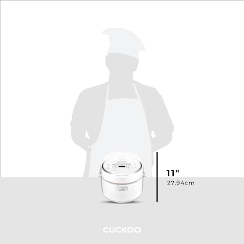 Cuckoo rice cooker infographic showing a height of 11 inches (27.94 cm) next to a chef silhouette for scale. (CR-0810F)