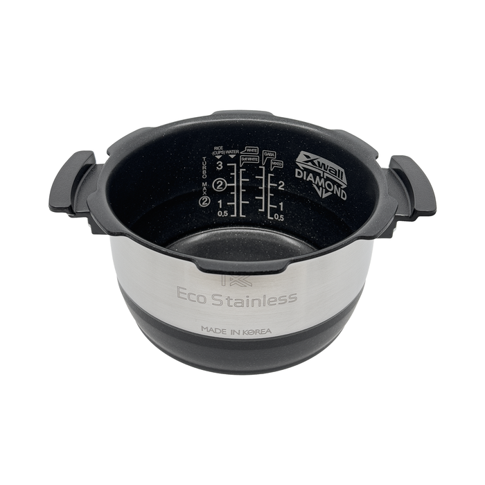Cuckoo Eco Stainless X-Wall Diamond replacement inner pot with interior water level measurement markings. (INNERPOT-CRP-EH03)