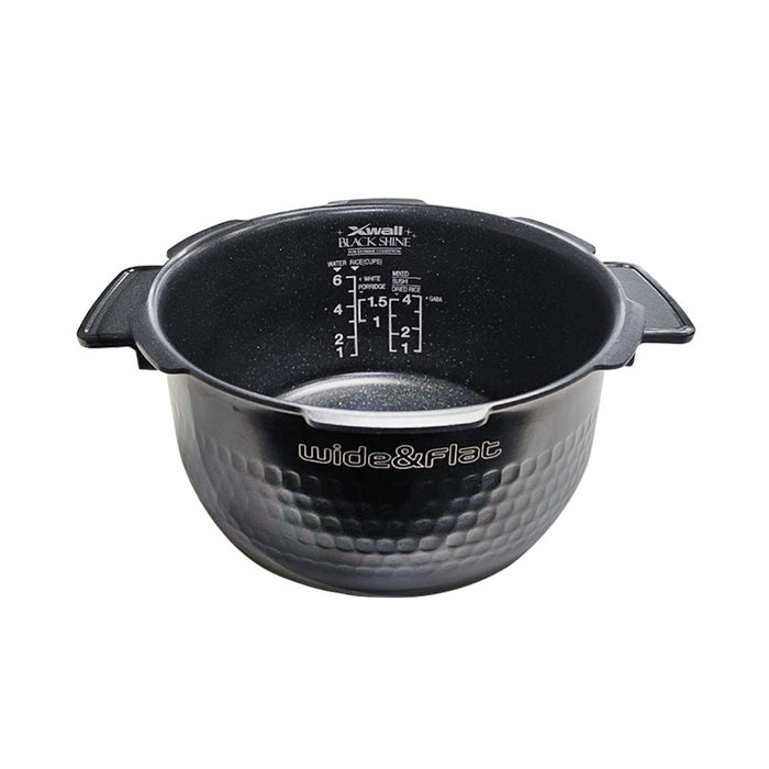 Cuckoo Wide & Flat replacement inner pot featuring X-Wall Black Shine coating and interior water level measurement markings. (INNERPOT-CRP-HS/HV06)