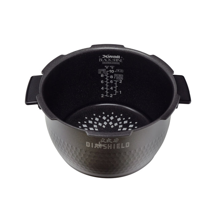 Cuckoo Dia Shield replacement inner pot with X-Wall Black Shine coating, water level markings, and a textured base. (INNERPOT-CRP-HY/HN10)