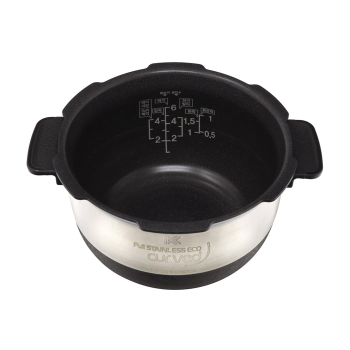 Cuckoo Full Stainless Eco curved inner pot with side handles, nonstick interior, and clear water level markings. (INNERPOT-CRP-JHSR06)