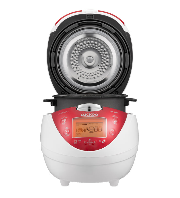 Cuckoo rice cooker with lid open, featuring a red and white exterior, internal cooking pot, and digital control panel. (INNERPOT-CRP-N06)