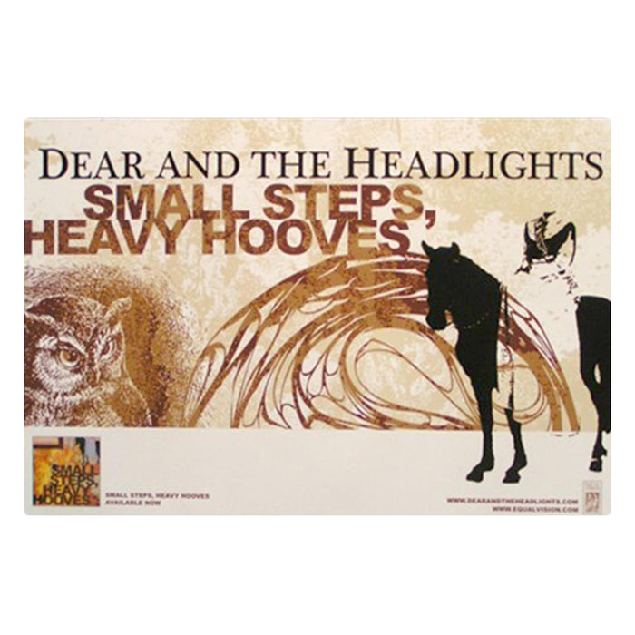 Dear and the Headlights poster featuring Small Steps, Heavy Hooves album title with an owl, a horse, and abstract brown and beige artwork.