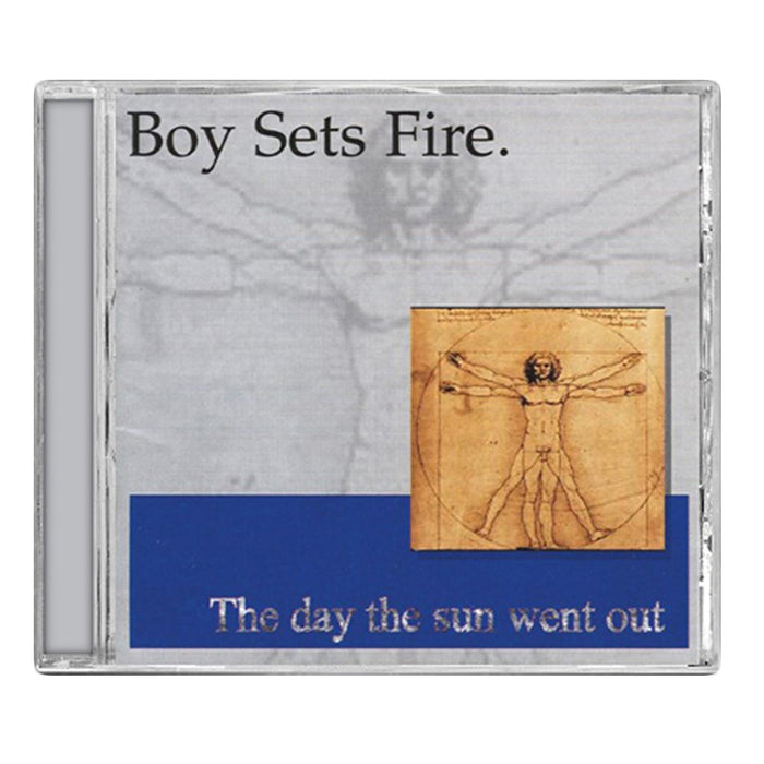 CD cover with Boysetsfire at the top, a faded Vitruvian Man background, a small colored version on the right, and The Day The Sun Went Out at the bottom over a blue bandβechoing their political lyrics.