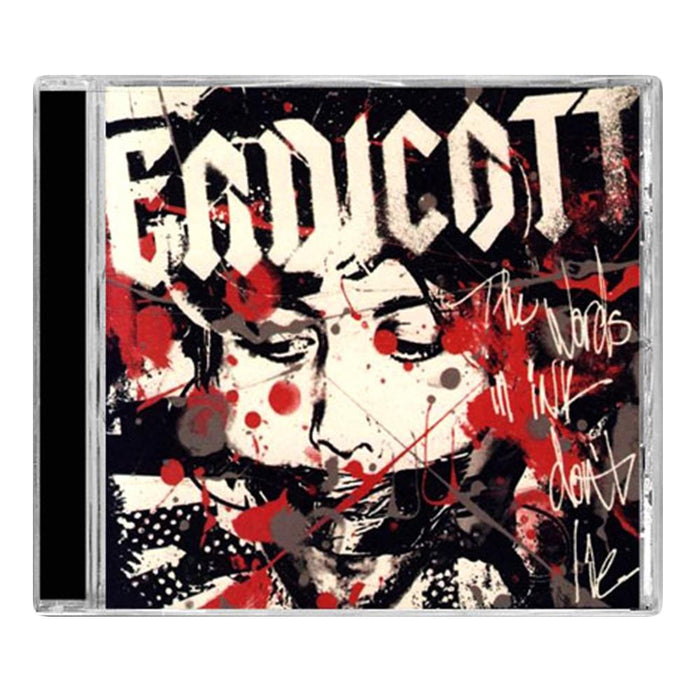 A CD case by Endicott featuring abstract, chaotic black, red, and white art with a distressed face, bold ENDICOTT at the top, and graffiti text reading βThe Words In Ink Donβt Lieββa true nod to melodic punk energy.
