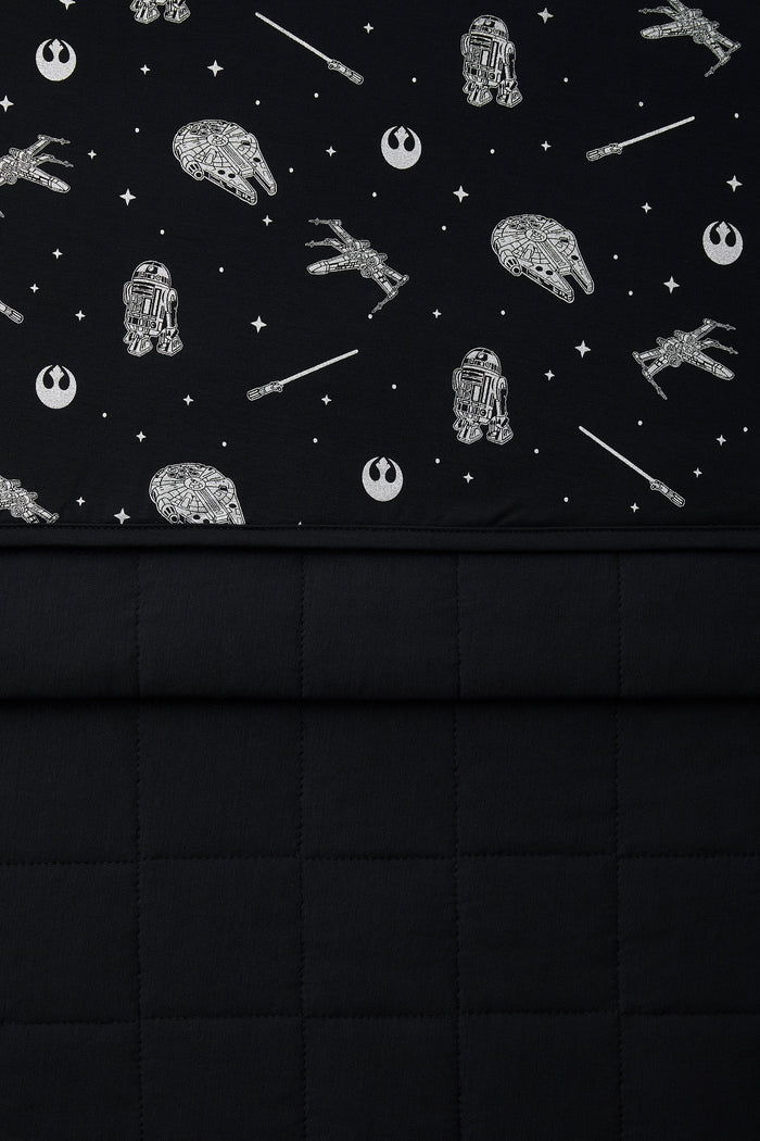 Close up of the Toddler Blanket in STAR WARS™ 1.0 showing the black quilted backing and smooth top printed layer