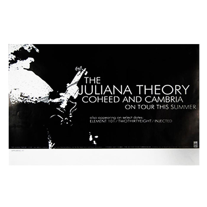 Black and white concert poster featuring a guitarist, with text: Coheed and Cambria, The Juliana Theory on tour this summer with Element 101, TwoThirtyEight, Injected. Add a poster tube from Coheed and Cambria to avoid creasesβno more folds!.