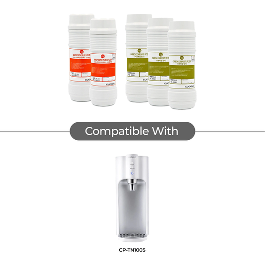 1-Year Water Filter Replacement Bundle for Cuckoo CP-TN100/102 shown with compatible water purifier. (CPFS-T12M0802US)