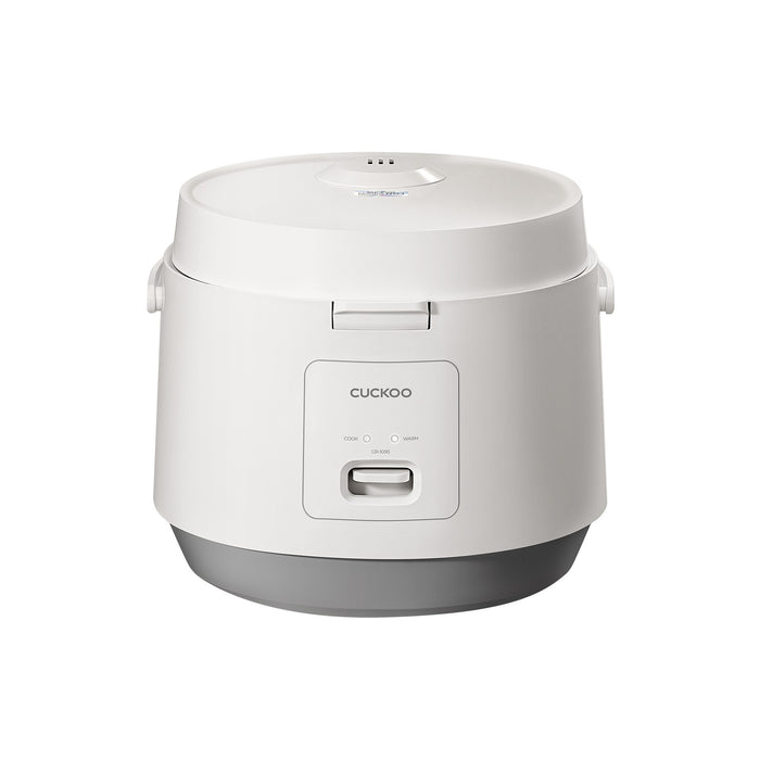White Cuckoo rice cooker with a grey base and front control panel featuring Cook and Warm indicator lights. (CR-1095)
