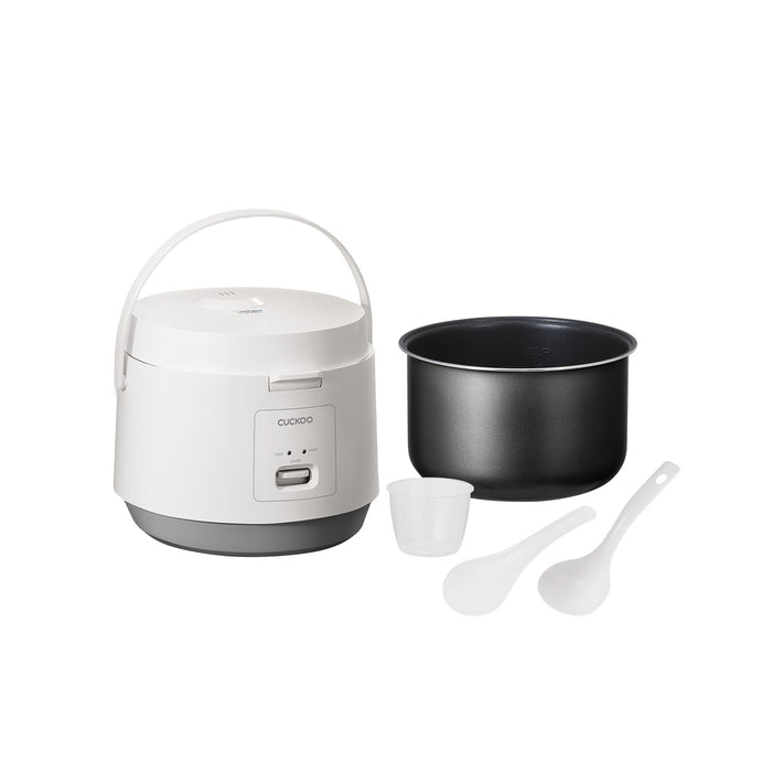 Cuckoo white and grey rice cooker with detachable inner pot, measuring cup, and two serving scoops. (CR-1095)