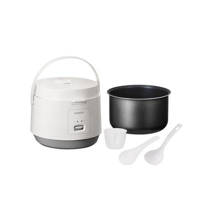 Cuckoo white and grey rice cooker with detachable inner pot, measuring cup, and two serving scoops. (CR-1095)